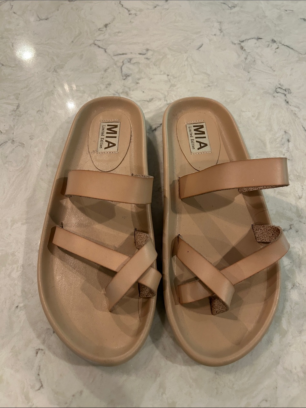 MIA Women's Nude/Tan Strappy Slide Sandals 7